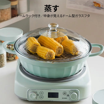 BUYDEEM 28cm ガラス蓋　蒸し台付き　蒸し器マルチポット １台３役　万能鍋